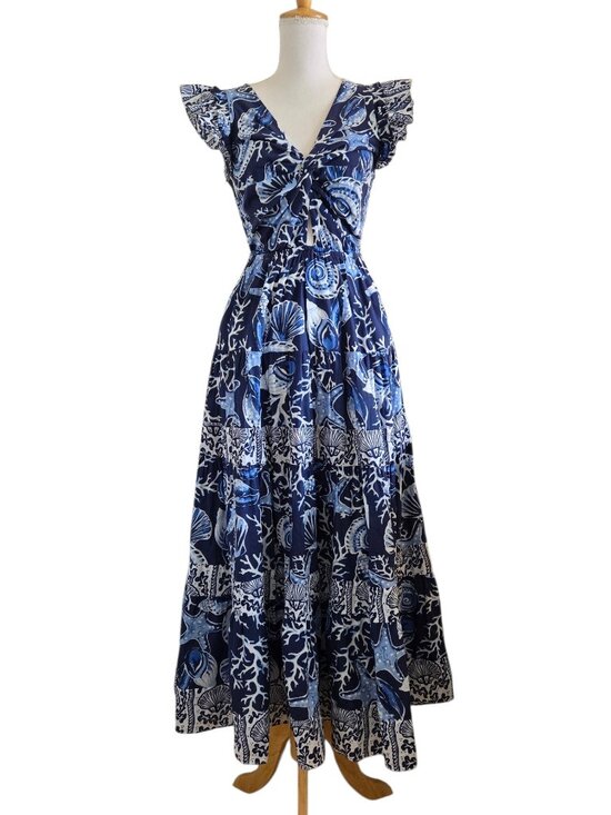 KING + PITT Dresses & Skirts - King + Pitt Navy Blue Sea Ocean Theme Ruffle Frill Cap Sleeve Maxi Dress Small